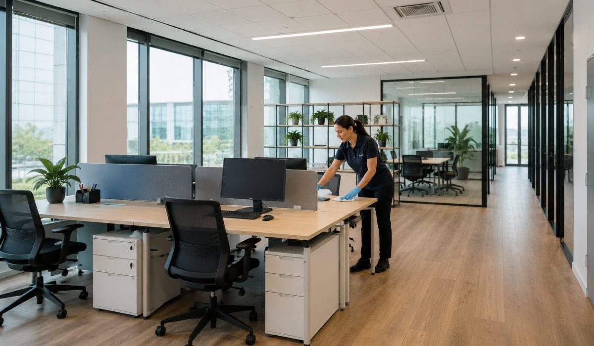 Agent d’entretien nettoyant un bureau moderne et organisé pour limiter l’encombrement visuel