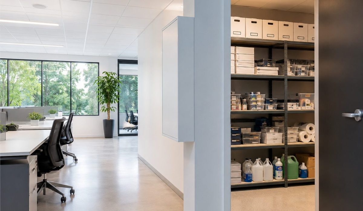 Bureaux modernes propres avec espace de stockage organisé et produits d’entretien rangés