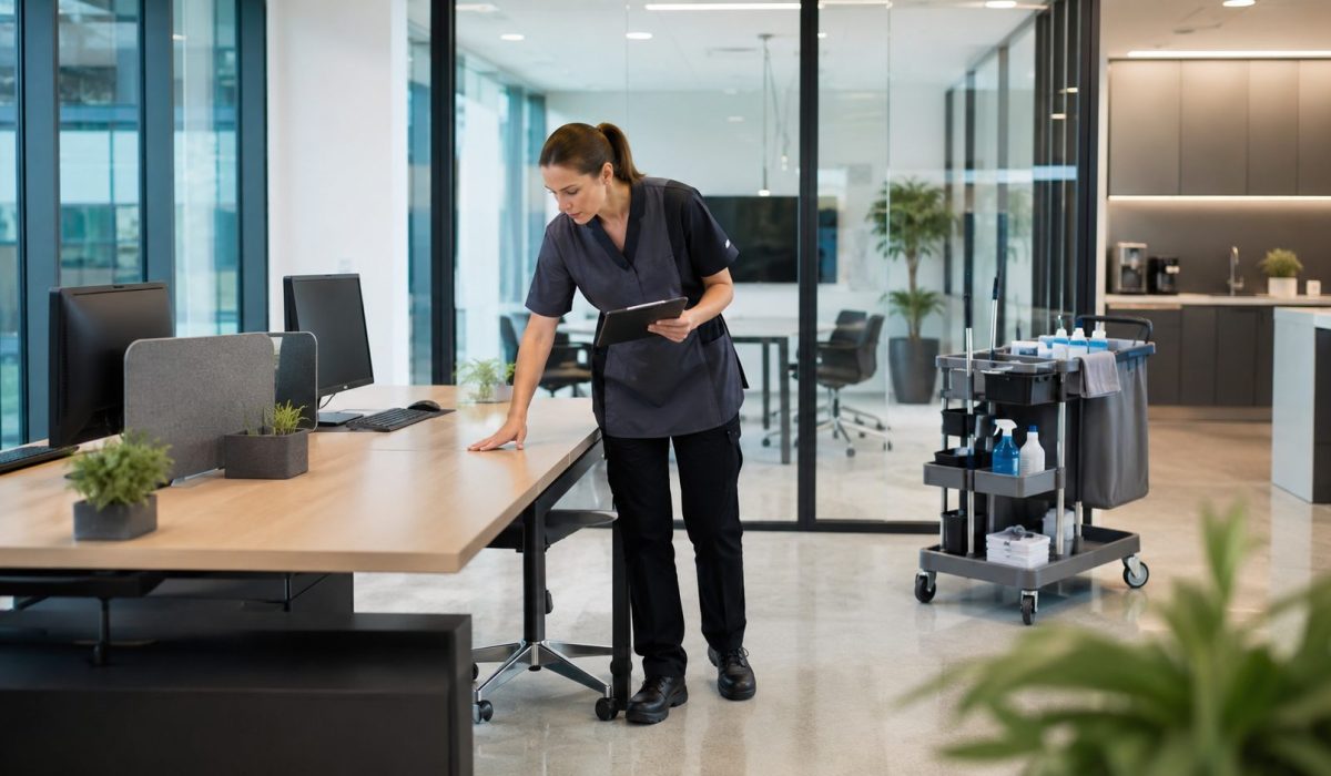 Agent d’entretien professionnel contrôlant la propreté d’un bureau moderne avec une tablette et un chariot de nettoyage