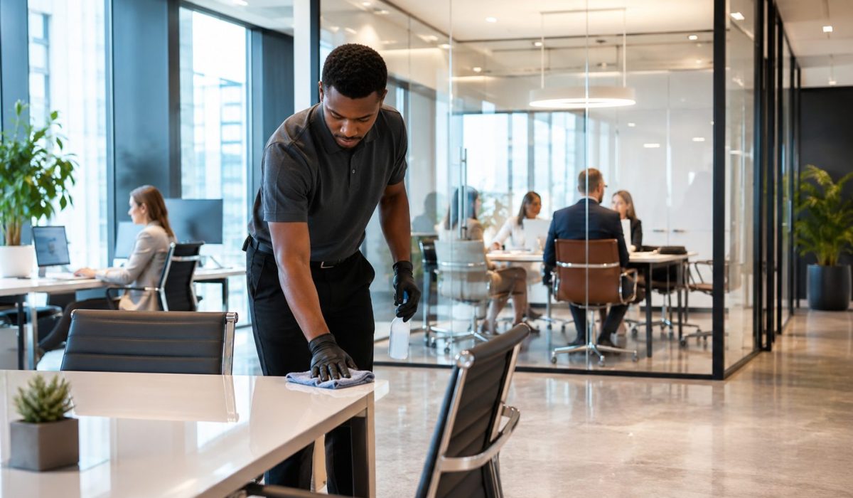 Agent d’entretien nettoyant une table dans des bureaux modernes et propres pendant que des collaborateurs travaillent en arrière-plan.